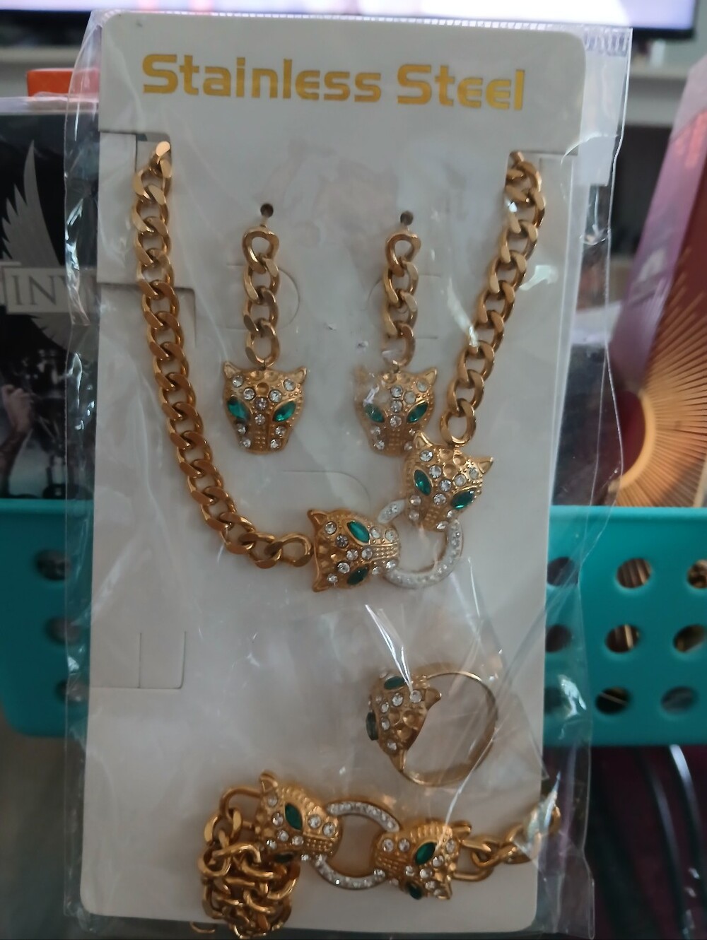 Stainless Steel Gold-Tone Panther Crystal Jewelry Set with Green Accents